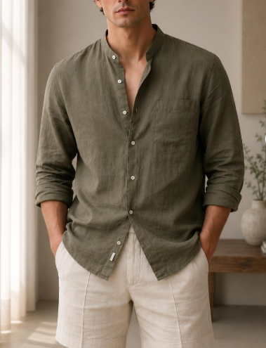 Men's Mandarin Collar Linen Blend Shirt, Relaxed Fit, Long Sleeve Button-Up, Minimalist Beach Style