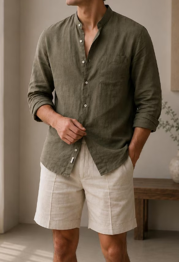 Men's Mandarin Collar Linen Blend Shirt, Relaxed Fit, Long Sleeve Button-Up, Minimalist Beach Style