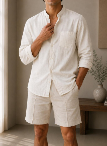 Men's Mandarin Collar Linen Blend Shirt, Relaxed Fit, Long Sleeve Button-Up, Minimalist Beach Style