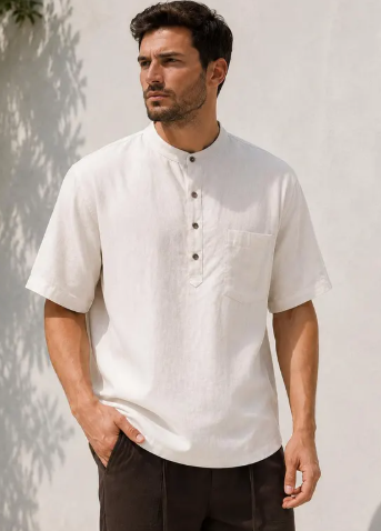 Men's Short Sleeve Linen Blend Shirt, Mandarin Collar Summer Pullover Top