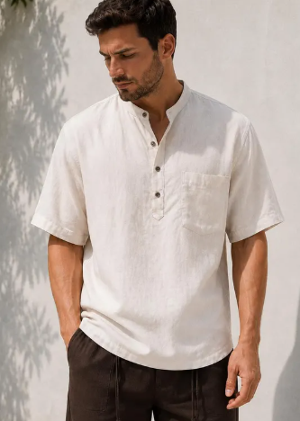 Men's Short Sleeve Linen Blend Shirt, Mandarin Collar Summer Pullover Top