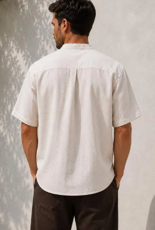 Men's Short Sleeve Linen Blend Shirt, Mandarin Collar Summer Pullover Top