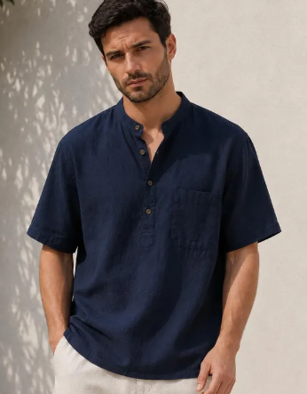 Men's Short Sleeve Linen Blend Shirt, Mandarin Collar Summer Pullover Top