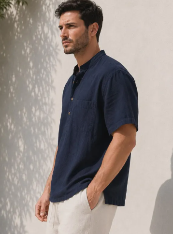 Men's Short Sleeve Linen Blend Shirt, Mandarin Collar Summer Pullover Top