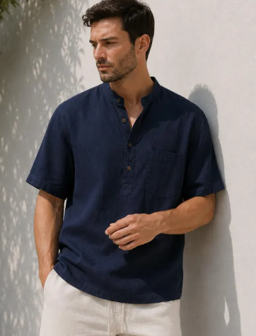 Men's Short Sleeve Linen Blend Shirt, Mandarin Collar Summer Pullover Top