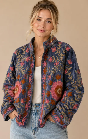Embroidered Floral Denim Jacket | Folk Art Boho Statement Outerwear imran