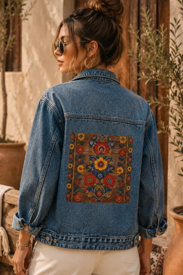 Folk Floral Tapestry Embroidered Denim Jacket |Women's Oversized Jean Jacket