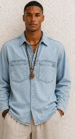 Men's Light Blue Denim Shirt, 100% Cotton Loose Fit Long Sleeve Overshirt Zeynep