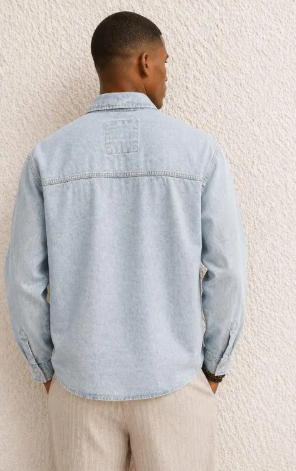 Men's Light Blue Denim Shirt, 100% Cotton Loose Fit Long Sleeve Overshirt Zeynep
