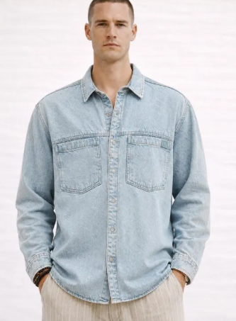 Men's Light Blue Denim Shirt, 100% Cotton Loose Fit Long Sleeve Overshirt Zeynep