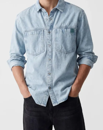 Men's Light Blue Denim Shirt, 100% Cotton Loose Fit Long Sleeve Overshirt Zeynep