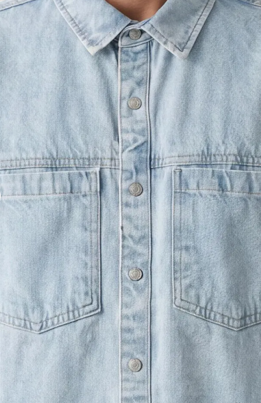 Men's Light Blue Denim Shirt, 100% Cotton Loose Fit Long Sleeve Overshirt Zeynep
