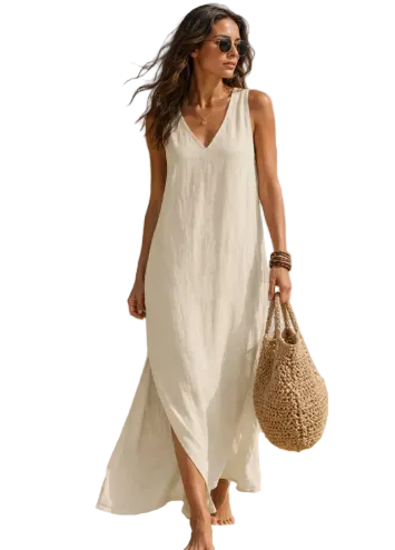Womens Cotton Blend Sleeveless Maxi Dress Casual Beach Summer Loose Vacation Flowy Sundress