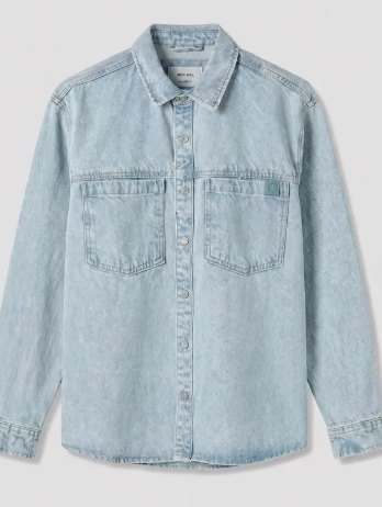 Men's Light Blue Denim Shirt, 100% Cotton Loose Fit Long Sleeve Overshirt Zeynep